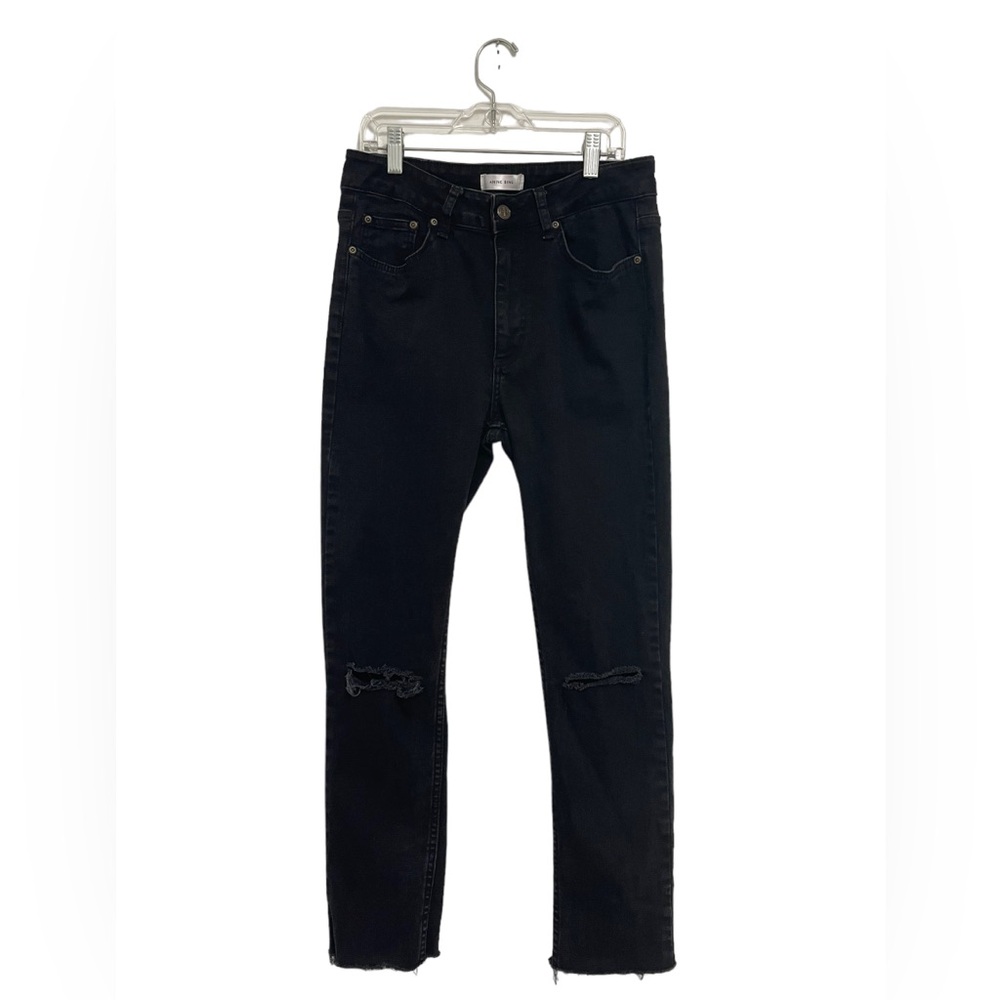 Anine Bing Black Skinny Jeans Distressed Knees Raw Hem Mid Rise Size 31